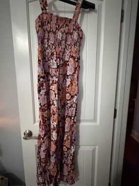 Floral Smocked Maxi Jumpsuit - Pink & Brown